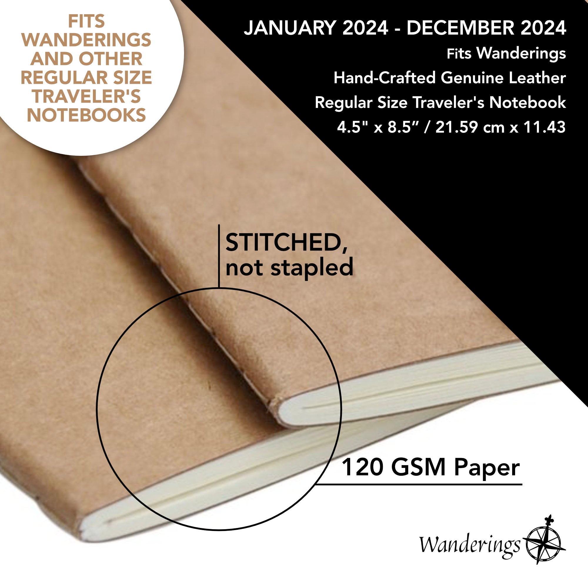 Wanderings Regular Size 2024 Dated Calendar Refill for Traveler's Notebooks