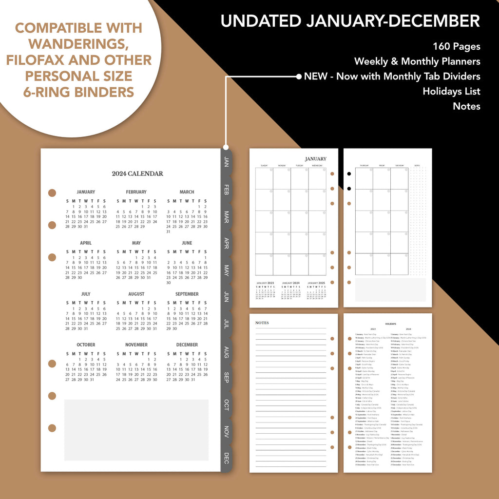 Monthly tabs on Wanderings Personal Size 2024 Undated Calendar Inserts for 6-Ring Binders