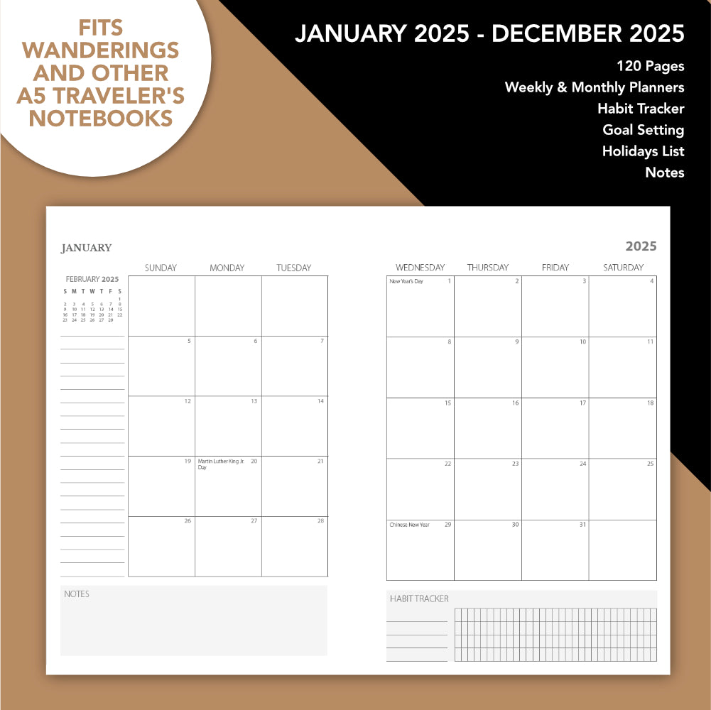 A5 Traveler's Notebook Dated Calendar Refill - January 2025 - December – Wanderings a5-traveler-s-notebook-dated-calendar-refill-january-2025-december-wanderings