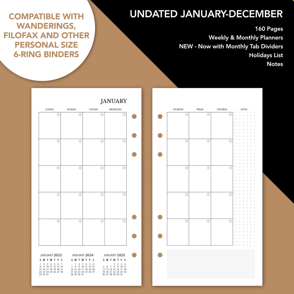 Sample pages in Personal Size 2024 Undated Calendar Inserts for 6-Ring Binders