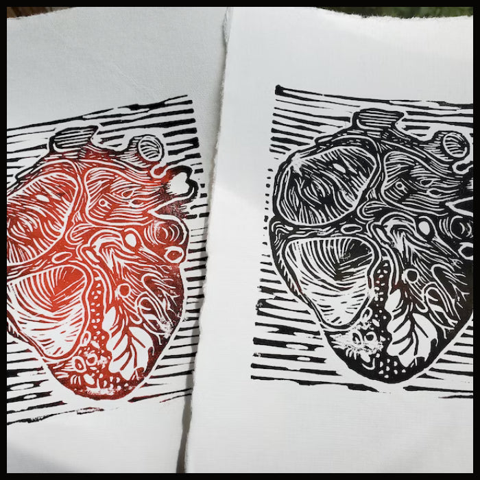Celebrate You - Block printing entitle Anatomical Heart by Kestrel Black on Wanderings White Deckle Edge Paper