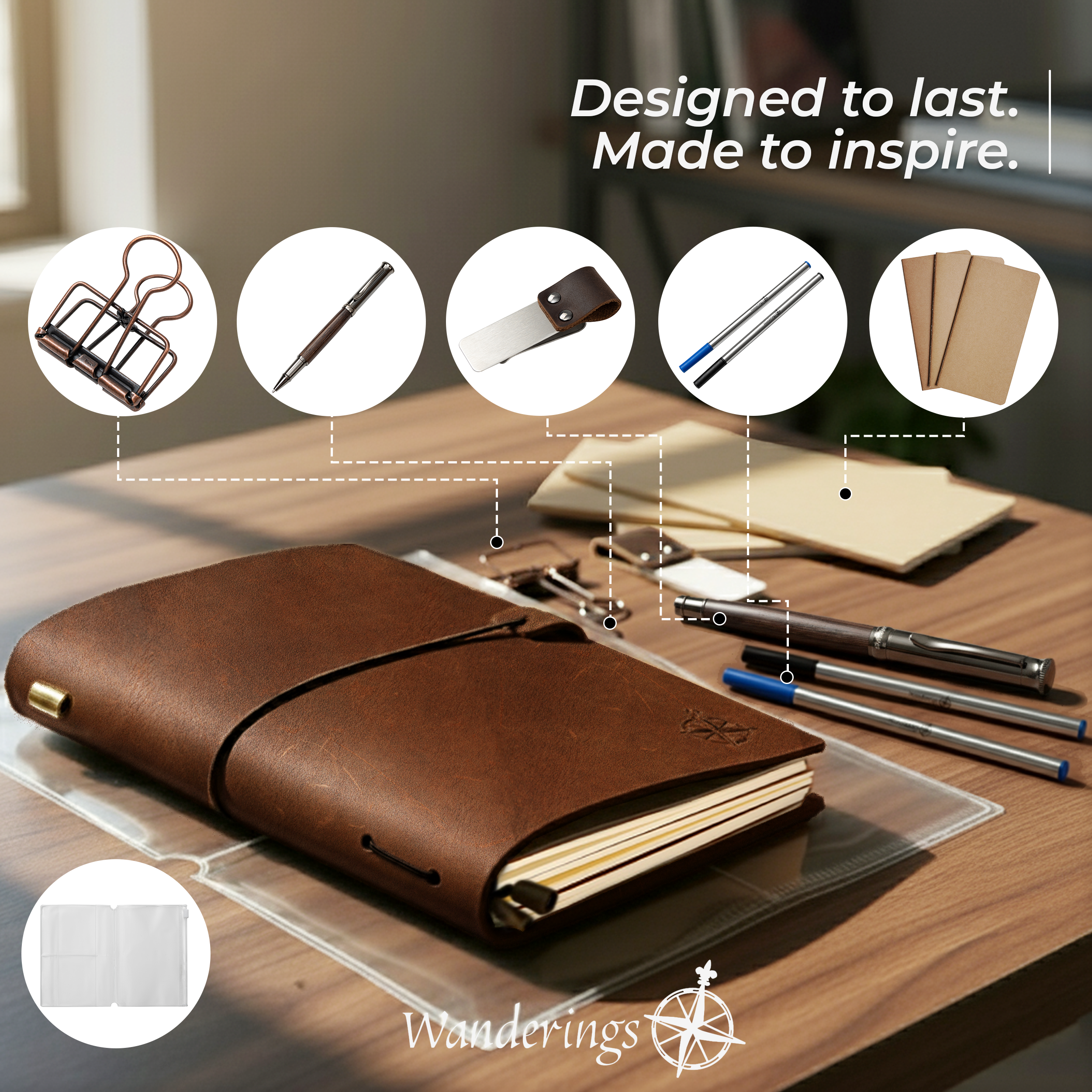 Travelers Notebook Bundle – Leather Notebook, Pen & Accessories, 3