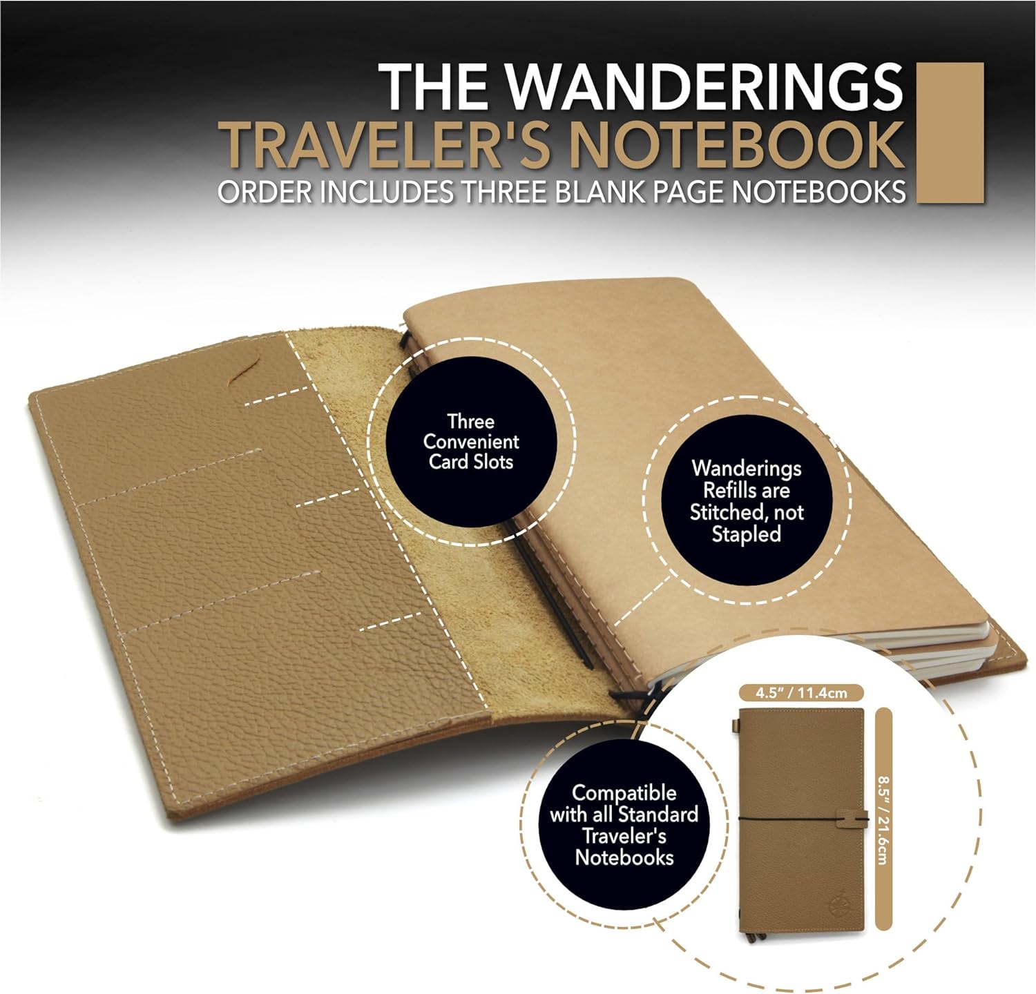 Regular Size Refillable Textured Leather Travelers Notebook with
