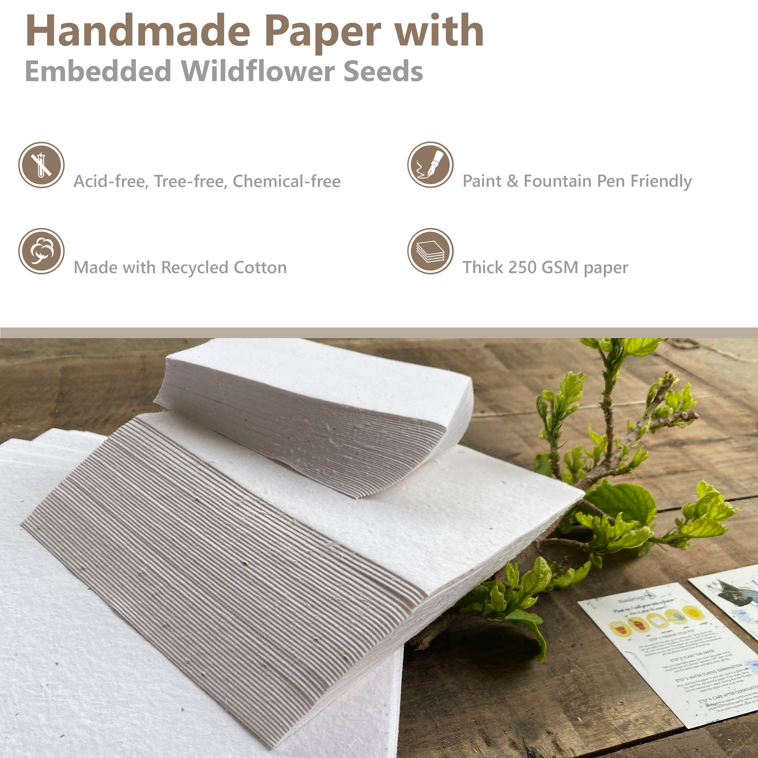Handmade White Paper with Real Flower Petals and Deckle Edge - 150 GSM - 50  Pack
