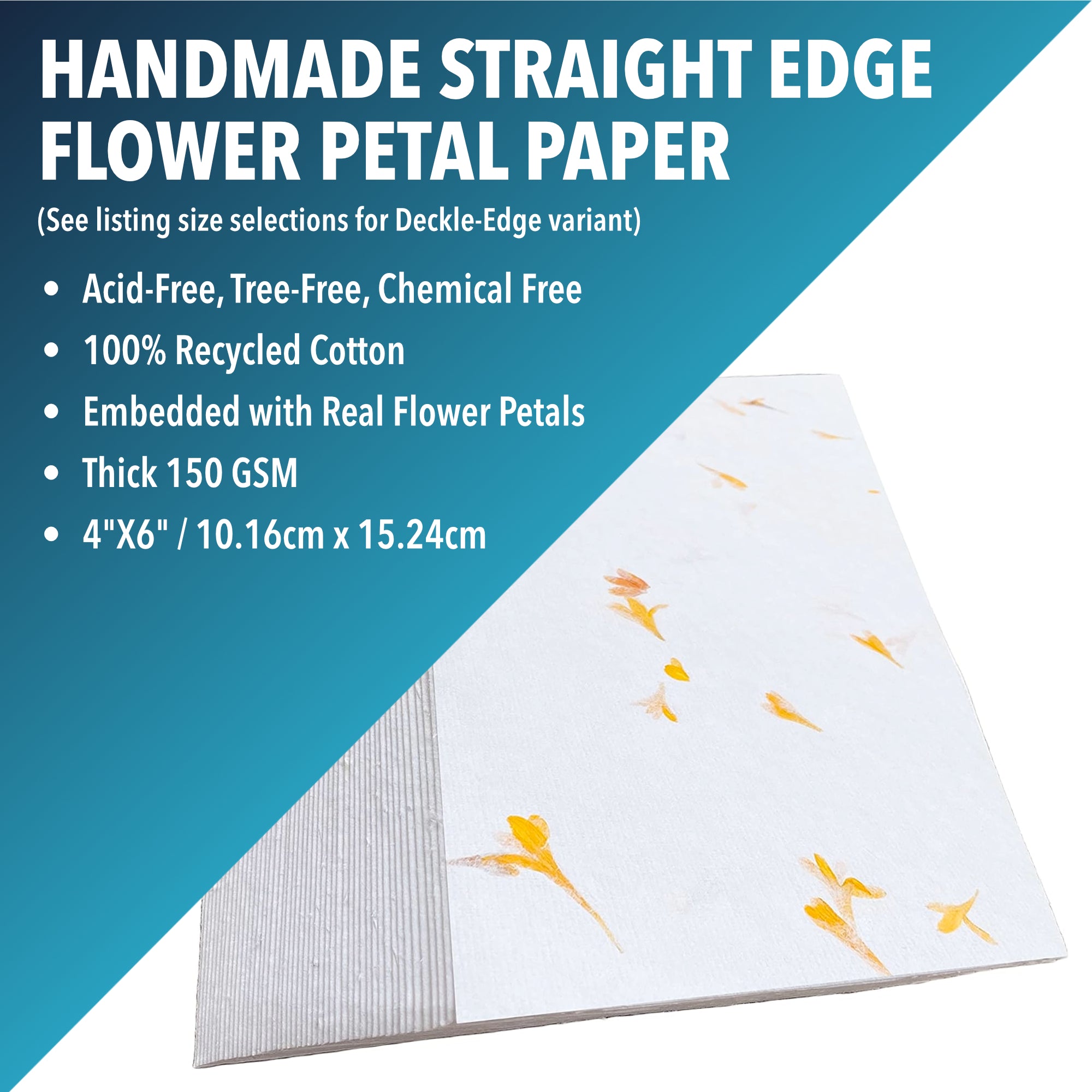 Handmade White Paper with Real Flower Petals and Deckle Edge - 150 GSM - 50  Pack
